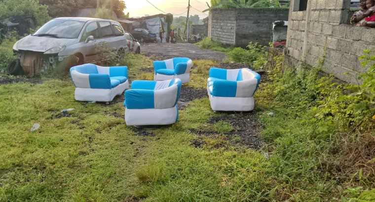 Salon moderne bleu et blanc avec table